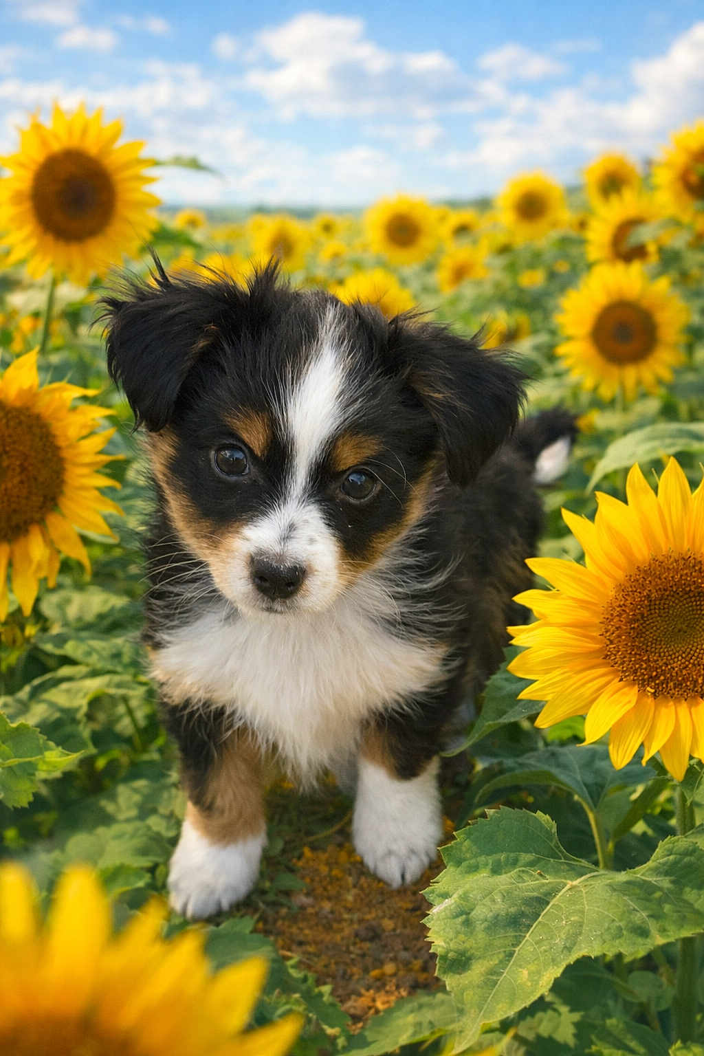 Leo is registered to the contest to win money with this photo: close_up, clouds, dog, eyes, field, flora, fur, greenery, leaf, nature, nose, outdoor, paws, pet, portrait, puppy, sky, summer, sunflower, tricolor