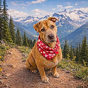 Scooby Doo joined the competition — help win amazing prizes! adventure, animal, bandana, brown_dog, dog, heart_pattern, hiking, landscape, mountain, mountains, nature, outdoors, pet, pine_trees, portrait, scenic, sitting, snowy_peaks, trail, wildflowers