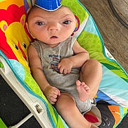 Colton is registered to the contest to win money with this photo: arm, baby, baby_clothing, blue_cup, child, colorful_baby_rocker, cute, distorted_face, expression, face, footwearless, funny, hat, indoors, infant, person, plastic, sitting, toy_pattern, wooden_floor