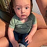 Colton is registered to the contest to win money with this photo: adult, baby, bed, casual, child, clothing, curious_expression, green_shirt, holding, human, indoor, jeans, legs, parent, person, portrait, sitting, socks, tattoo, wide_eyes