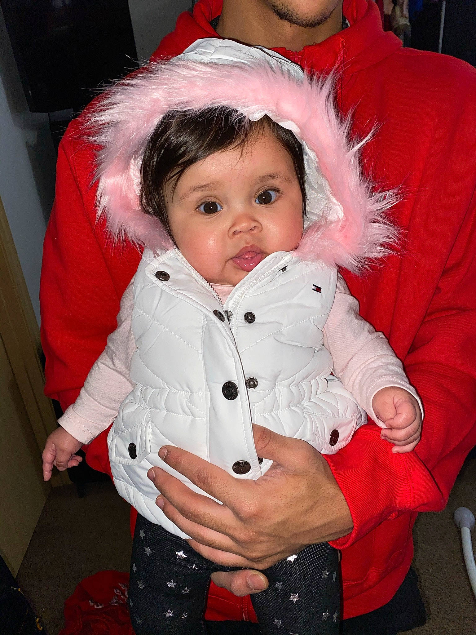 Kyndly joined the competition — help win amazing prizes! baby, baby_toddler_clothing, cheek, child, christmas, costume, costume_accessory, costume_hat, fictional_character, fur, fur_clothing, lap, person, polka_dot, sock, toddler