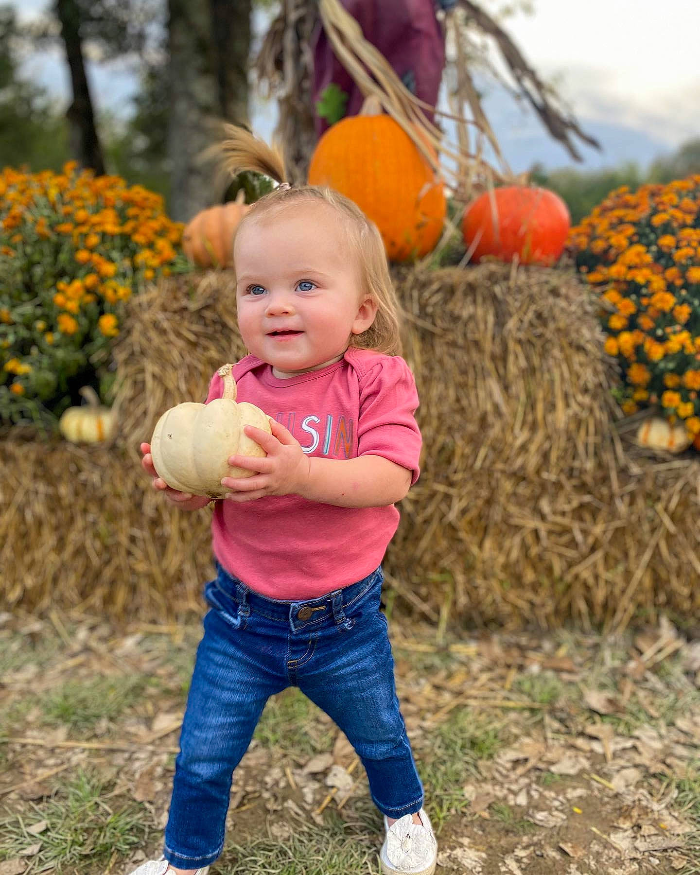 Brynleigh is registered to the contest to win money with this photo: baby_toddler_clothing, calabaza, child, cucurbita, fruit, fun, gourd, grass, happy, jeans, joy, leisure, natural_foods, orange, people_in_nature, person, plant, pumpkin, smile, toddler