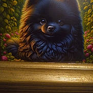 Opaline a rejoint le concours — aidez-le/la à gagner de superbes lots ! painting, dog, black_fur, fluffy, portrait, framed_art, wooden_frame, green_leaves, pink_flowers, smiling, eyes, fur_texture, artwork, illustration, decor, indoor, closeup, animal_portrait, background, nature_elements