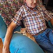 Alferdo joined the competition — help win amazing prizes! armchair, bald, beard, blue_jeans, cat, chair, cozy, furniture, glasses, indoors, kitten, man, orange_cat, person, pet, plaid_shirt, portrait, relaxed, sitting, white_cat