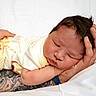 Waylon joined the competition — help win amazing prizes! newborn, baby, sleeping, tattoo, arm, hand, white_bedding, soft_light, peaceful, infant, clothing, yellow_pants, cute, portrait, resting, skin, closeup, child, parent, tender_moment