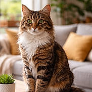 Noisette a rejoint le concours — aidez-le/la à gagner de superbes lots ! book, brown, cat, cozy, domestic_animal, fluffy_tail, furry, green_eyes, houseplant, indoor, living_room, pet, pillows, relaxed, sitting, sofa, succulent_plant, tabby_cat, white, wooden_table