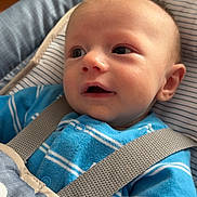 Jaxon joined the competition — help win amazing prizes! baby, child, blue_onesie, car_seat, seatbelt, indoor, infant, cute, face, head, clothing, straps, sitting, portrait, skin, eyes, expression, young, person, closeup
