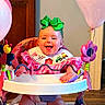 activity_walker, baby, baby_toys, balloons, bib, child, colorful, green_bow, happy, high_chair, home, indoor, infant, laughing, pink_clothing, playtime, portrait, sitting, smiling, wooden_door