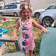 Mya participe au concours pour gagner de l'argent avec cette photo : child, girl, pink_dress, sunglasses, flower_crown, outdoor, grass, cars, plastic_chair, plastic_table, smiling, cute, cartoon_print, accessories, summer, playful, happy, nature, casual, portrait