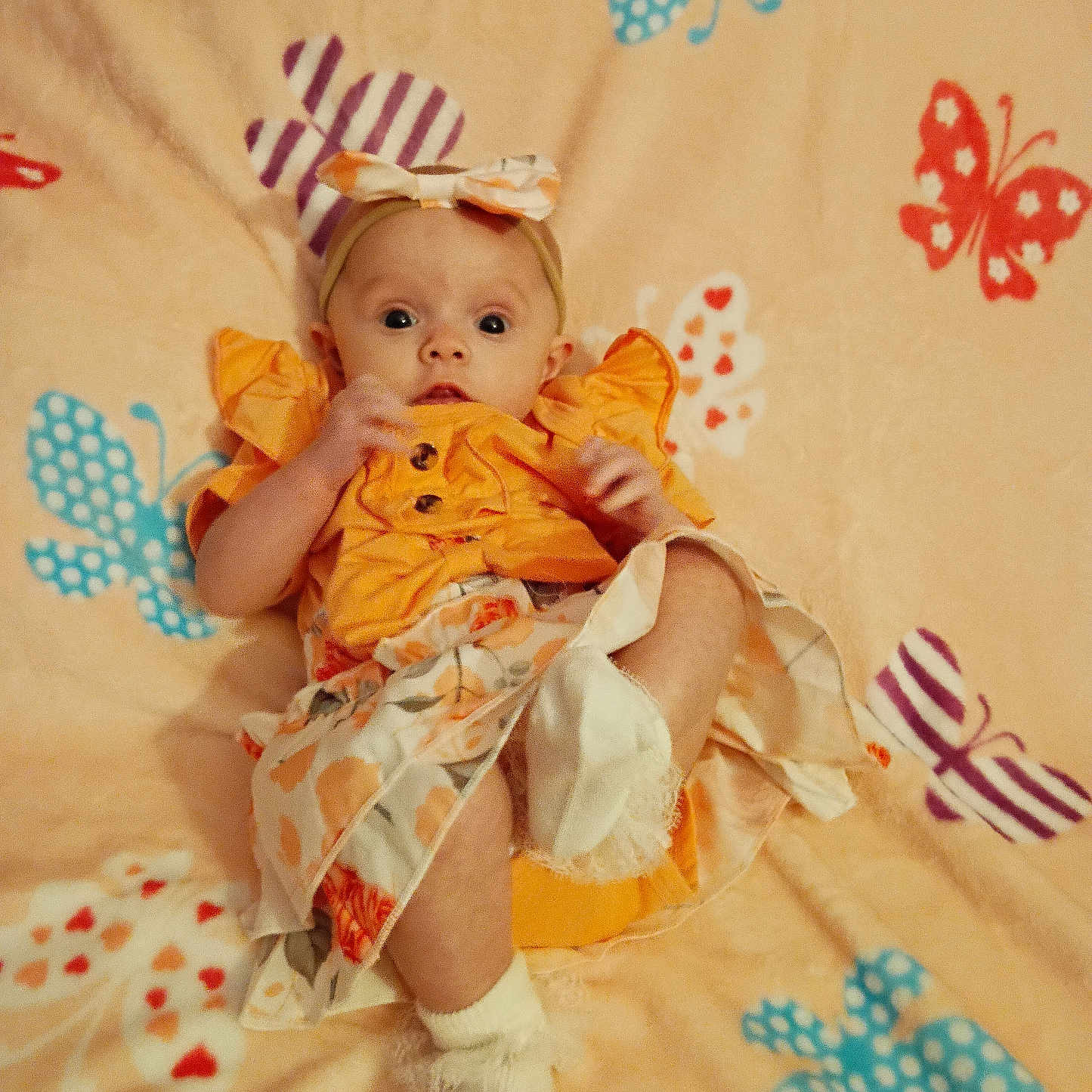 Elisabeth joined the competition — help win amazing prizes! adorable, baby, blanket, butterfly_pattern, child, colorful, cute, fabric, headband, indoor, infant, lying_down, orange_dress, patterned_blanket, portrait, small_feet, small_hands, socks, soft_texture, wide_eyes
