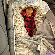 Waylon is registered to the contest to win money with this photo: baby, newborn, sleeping, onesie, red_and_black_checkered, baby_nest, blanket, bassinet, floral_pattern, cozy, infant, soft_toys, sleep, rest, indoors, child, peaceful, cute, warm, comfortable