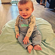 Silas is registered to the contest to win money with this photo: baby, child, smiling, sitting, blanket, overalls, long_sleeve, floor, wooden_floor, indoor, happy, person, face, feet, furniture, high_chair, home, cozy, cute, playful