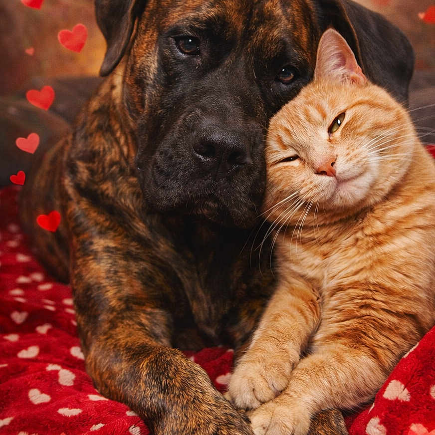 Simba participe au concours pour gagner de l'argent avec cette photo : affection, animal, brindle_dog, cat, closeup, cozy, cute, dog, domestic_animal, friendship, fur, ginger_cat, heart_shapes, indoor, love, paws, pet, red_blanket, relaxed, snuggling