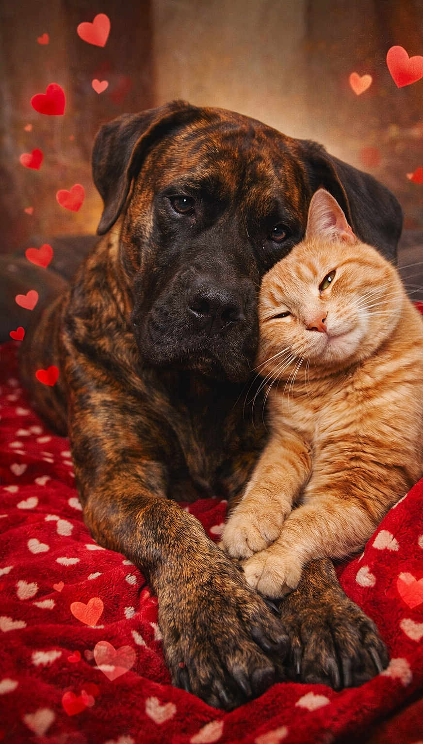 Simba participe au concours pour gagner de l'argent avec cette photo : dog, cat, snuggling, brindle_dog, ginger_cat, red_blanket, heart_shapes, pet, animal, friendship, cozy, cute, love, closeup, indoor, fur, paws, relaxed, domestic_animal, affection