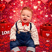 Xander joined the competition — help win amazing prizes! baby, balloon, bowtie, celebration, child, clothing, decoration, denim, gift, heart, indoor, love, pink, portrait, present, red, sitting, smiling, sneakers, valentine