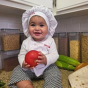 Arianna is registered to the contest to win money with this photo: baby, bonnet, clothing, face, food, fruit, happy, hat, head, indoors, pants, person, photography, plant, portrait, pottedplant, produce, sitting, squash, vegetable
