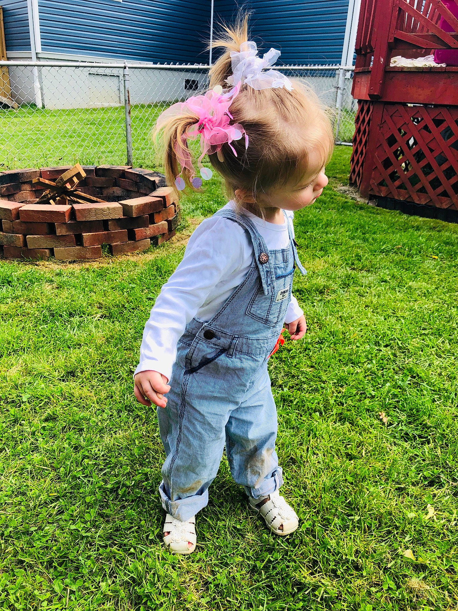 Emelia joined the competition — help win amazing prizes! backyard, child, denim, fun, garden, grass, green, lawn, person, pink, plant, play, summer, toddler, yard
