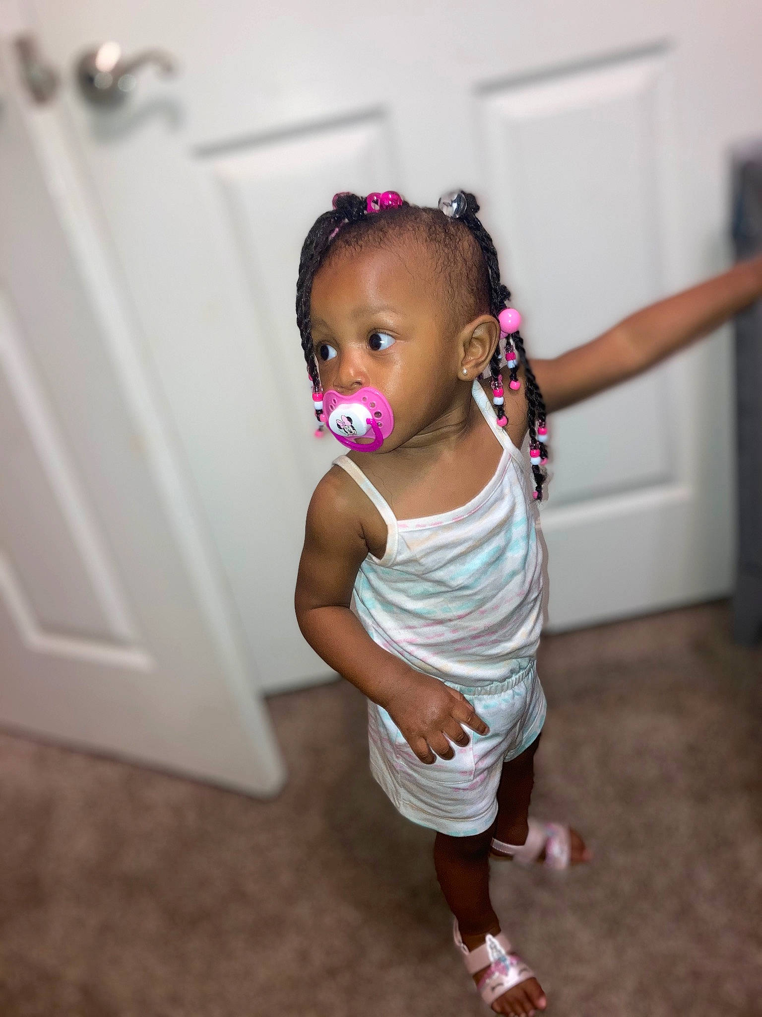 Kiara joined the competition — help win amazing prizes! baby, baby_toddler_clothing, cheek, child, chin, dress, elbow, eyelash, flash_photography, floor, flooring, fun, happy, human_leg, magenta, person, room, skin, sleeve, t_shirt