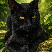 Pupuce participe au concours pour gagner de l'argent avec cette photo : cat, black_cat, animal, feline, pet, portrait, close_up, yellow_eyes, whiskers, ears, paw, outdoor, nature, greenery, fern, moss, forest, relaxed, sitting, muzzle