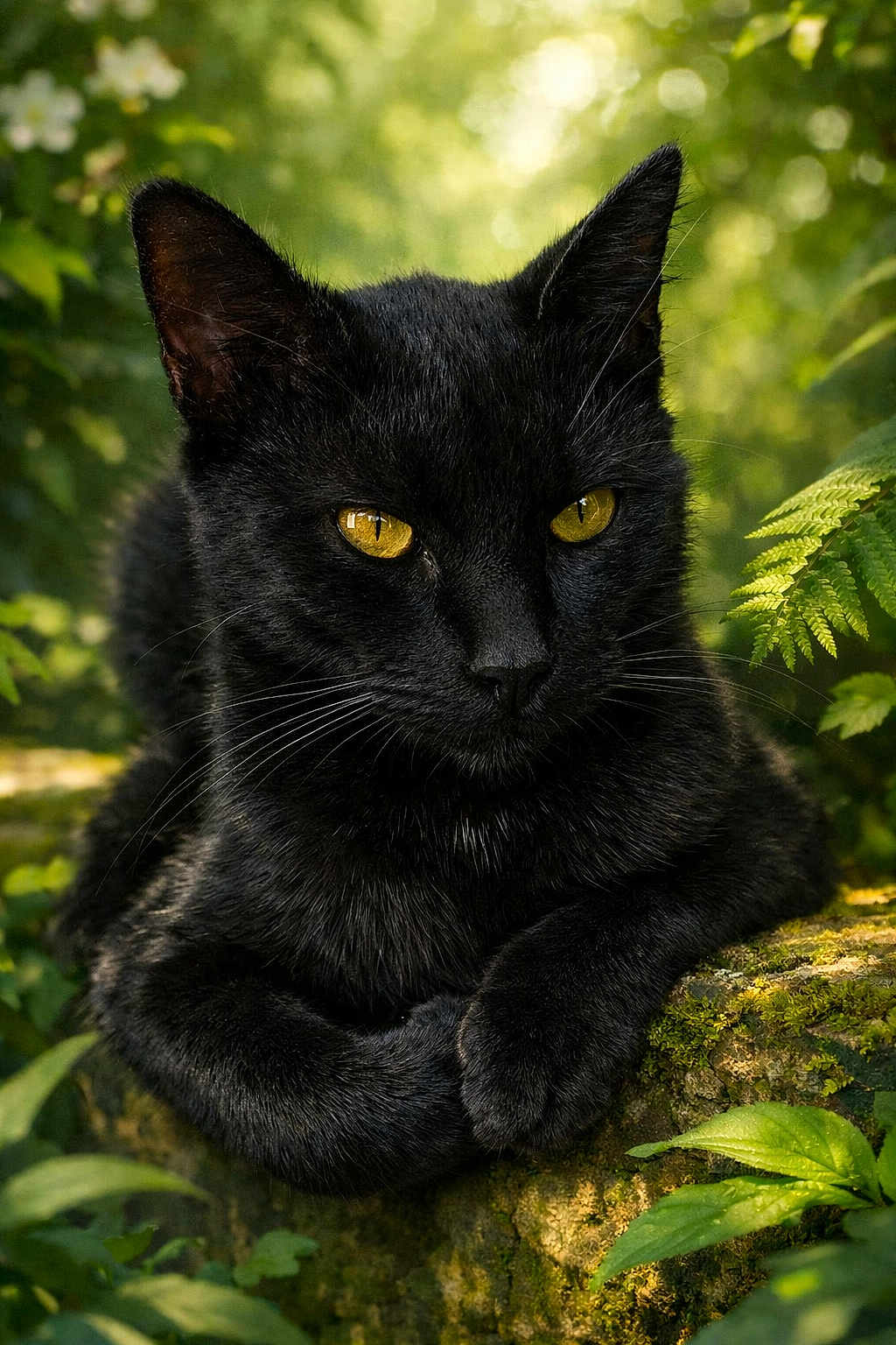 Pupuce participe au concours pour gagner de l'argent avec cette photo : cat, black_cat, animal, feline, pet, portrait, close_up, yellow_eyes, whiskers, ears, paw, outdoor, nature, greenery, fern, moss, forest, relaxed, sitting, muzzle