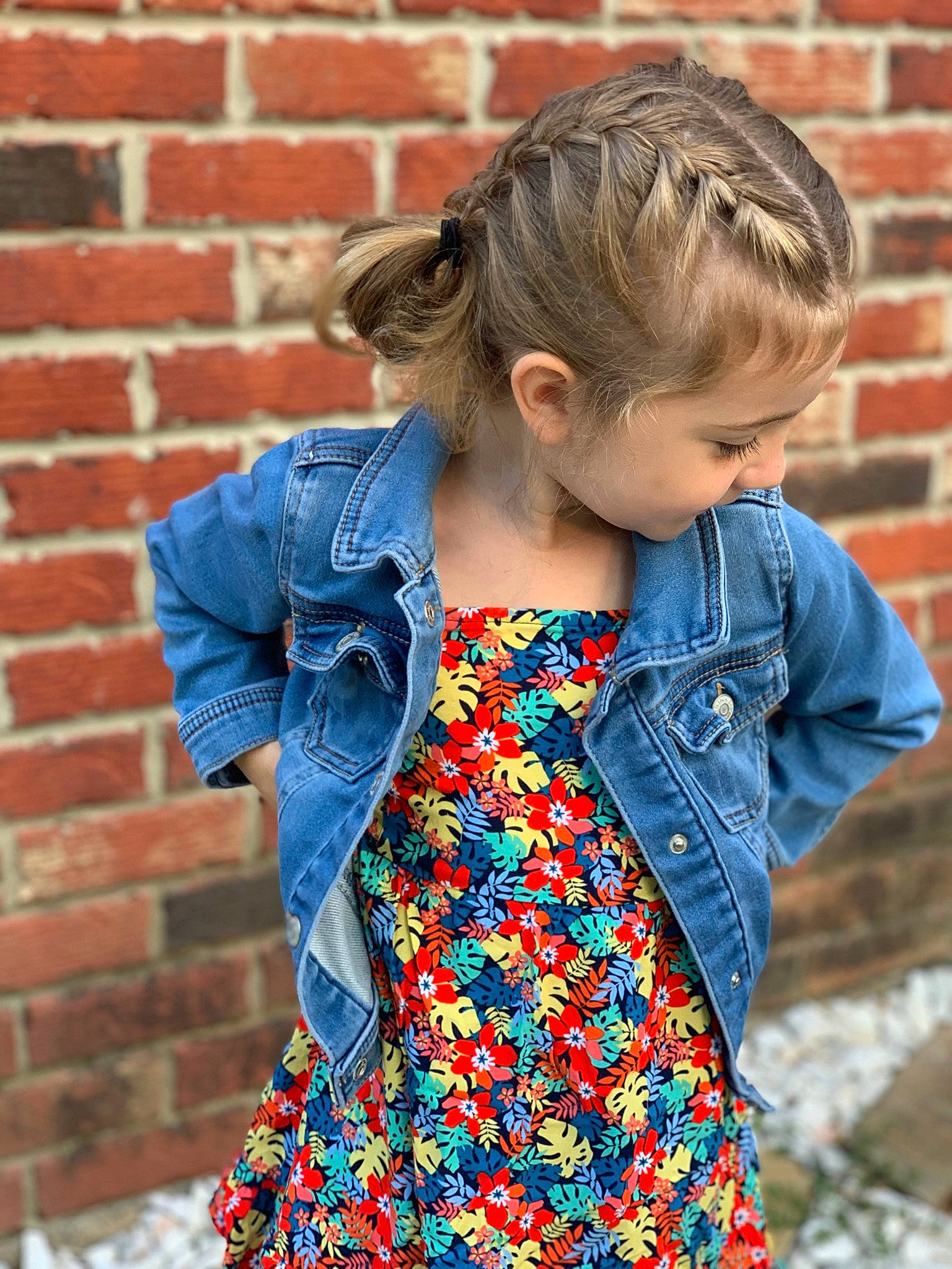 Emmalyn joined the competition — help win amazing prizes! arm, azure, baby_toddler_clothing, brick, brickwork, dress, face, hair, jeans, joint, neck, one_piece_garment, orange, outerwear, person, plant, shoulder, skin, sleeve, standing