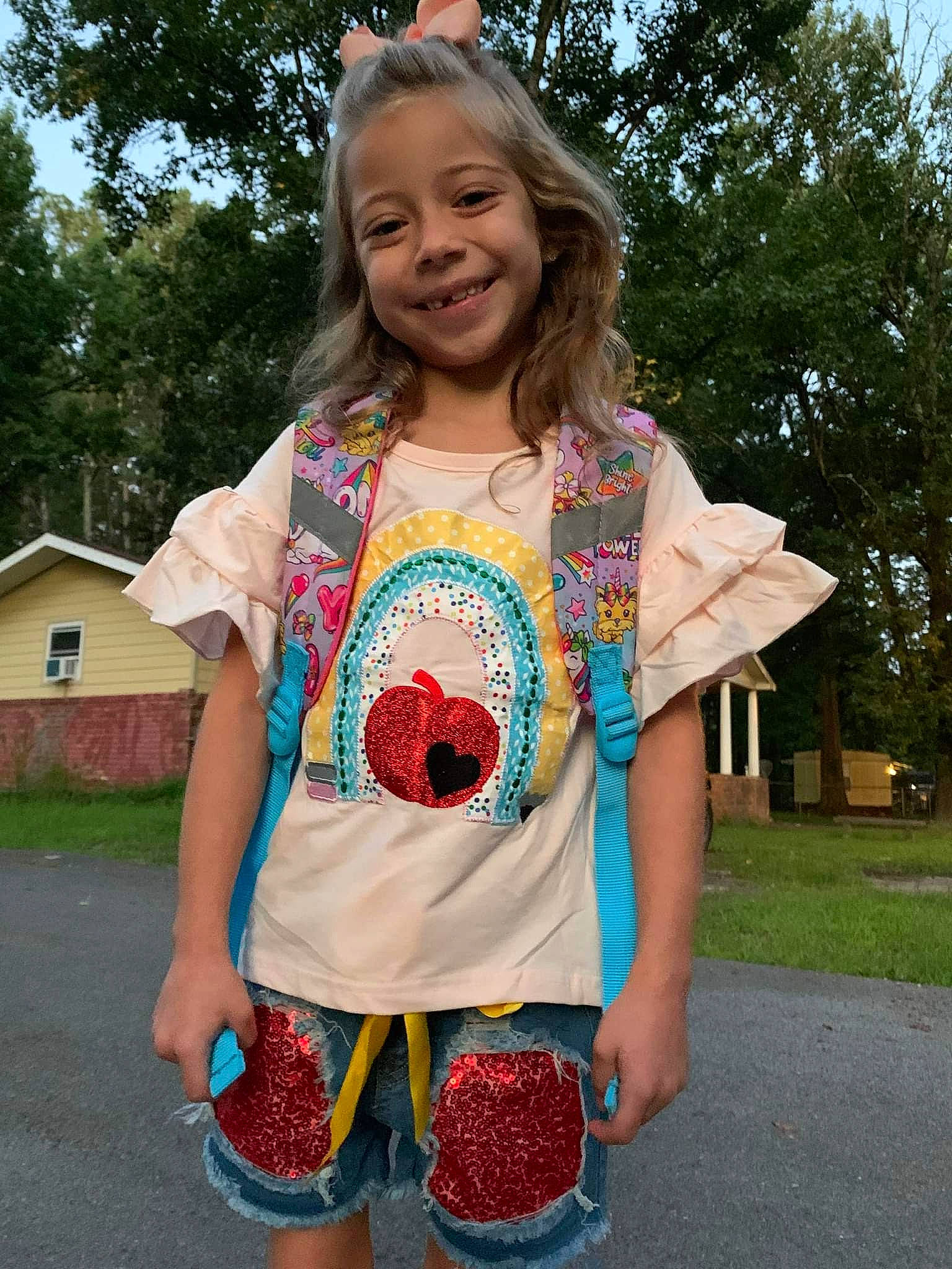 Caydence is registered to the contest to win money with this photo: child, fun, hairstyle, happy, joy, leisure, magenta, pattern, person, pink, plant, shorts, shoulder, sleeve, smile, summer, t_shirt, thigh, toddler, tree
