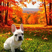 Kilo is registered to the contest to win money with this photo: dog, french_bulldog, white_dog, puppy, sitting, outdoors, autumn, fall, forest, trees, orange_leaves, meadow, grass, nature, landscape, mountains, rural, portrait, animal, daylight