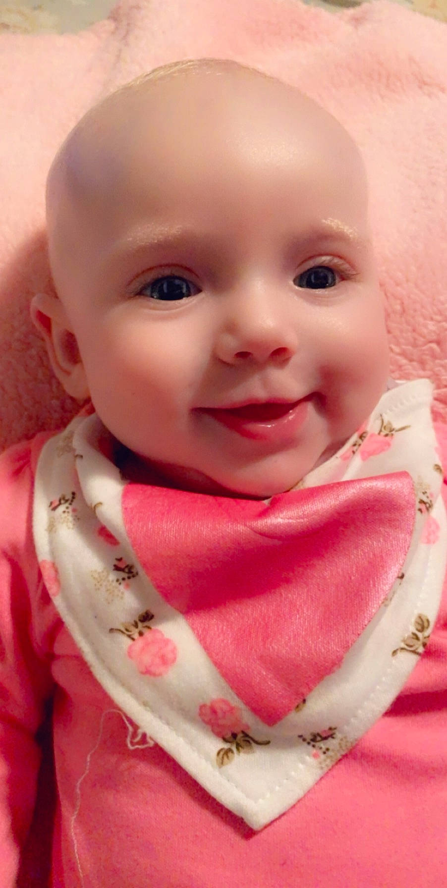 Kinsley is registered to the contest to win money with this photo: baby, cheek, child, chin, eye, eyebrow, face, forehead, head, lip, mouth, nose, person, pink, portrait_photography, skin, smile, toddler