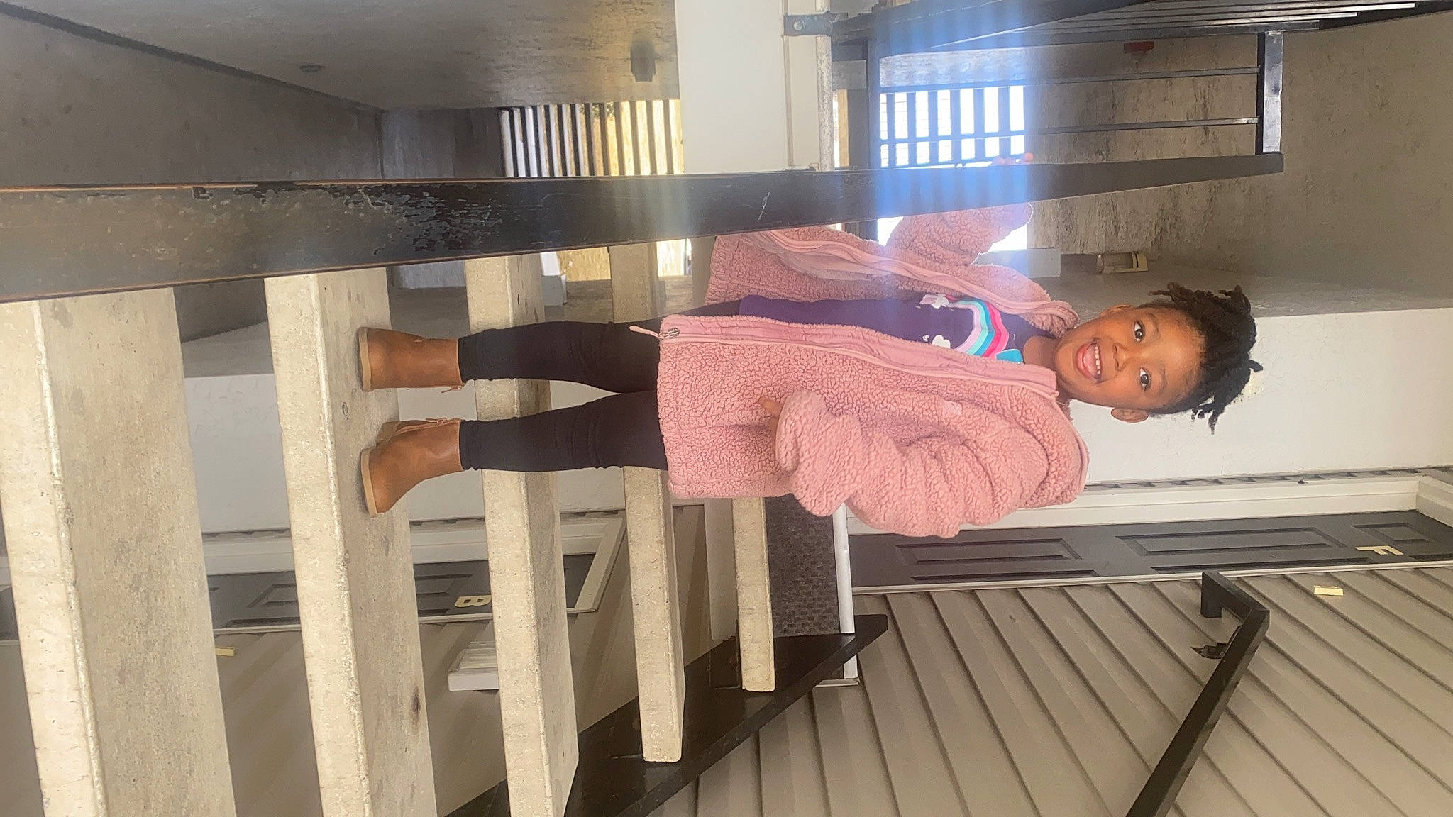 Gianna joined the competition — help win amazing prizes! comfort, deck, floor, flooring, handrail, hardwood, house, human_leg, joy, knee, material_property, pattern, person, room, sleeve, thigh, waist, wood, wood_flooring, wood_stain