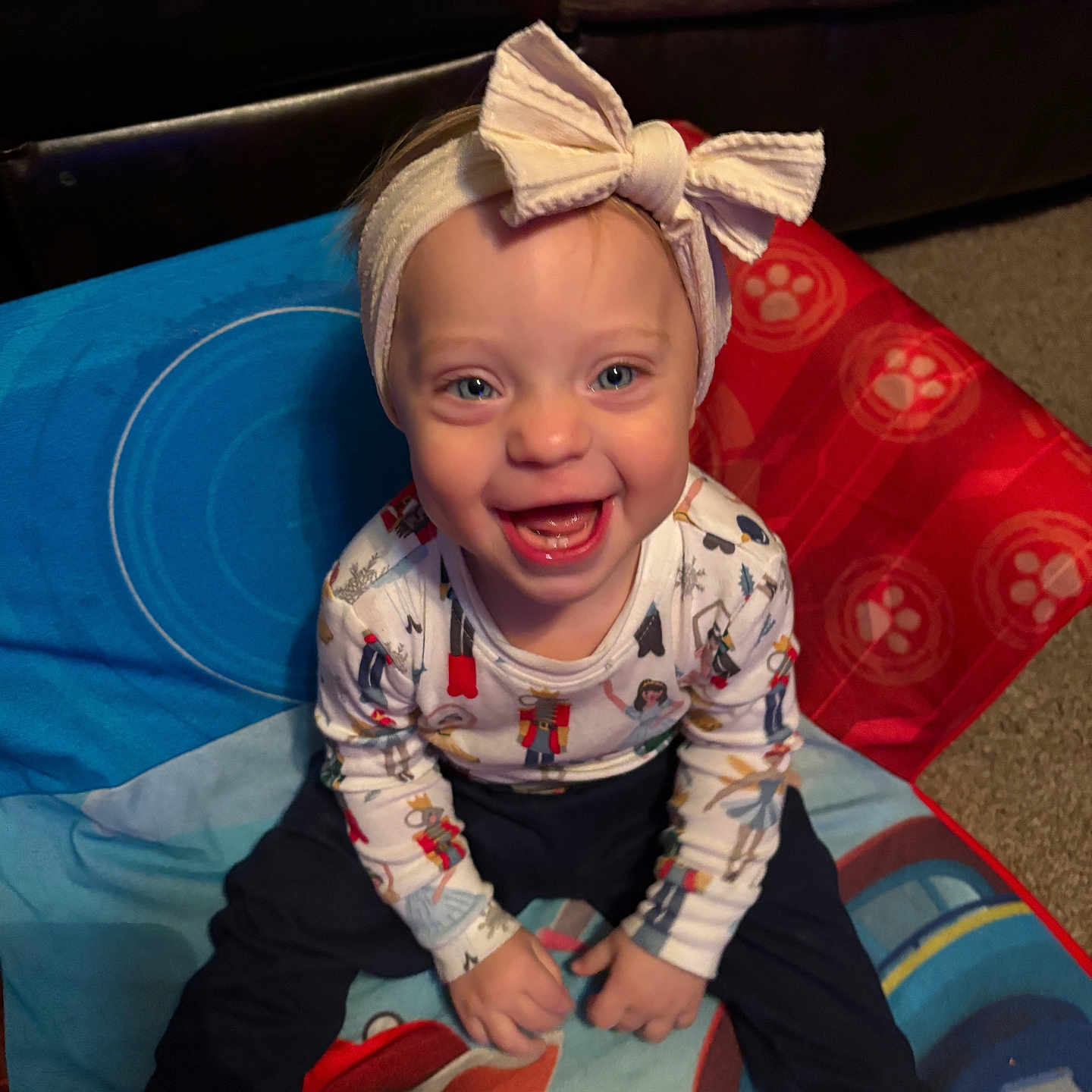 Kaylee is registered to the contest to win money with this photo: baby, babylaughing, bodypart, clothing, couch, cushion, face, finger, furniture, hand, happy, head, homedecor, laughing, pants, person, photography, portrait, sitting, smile