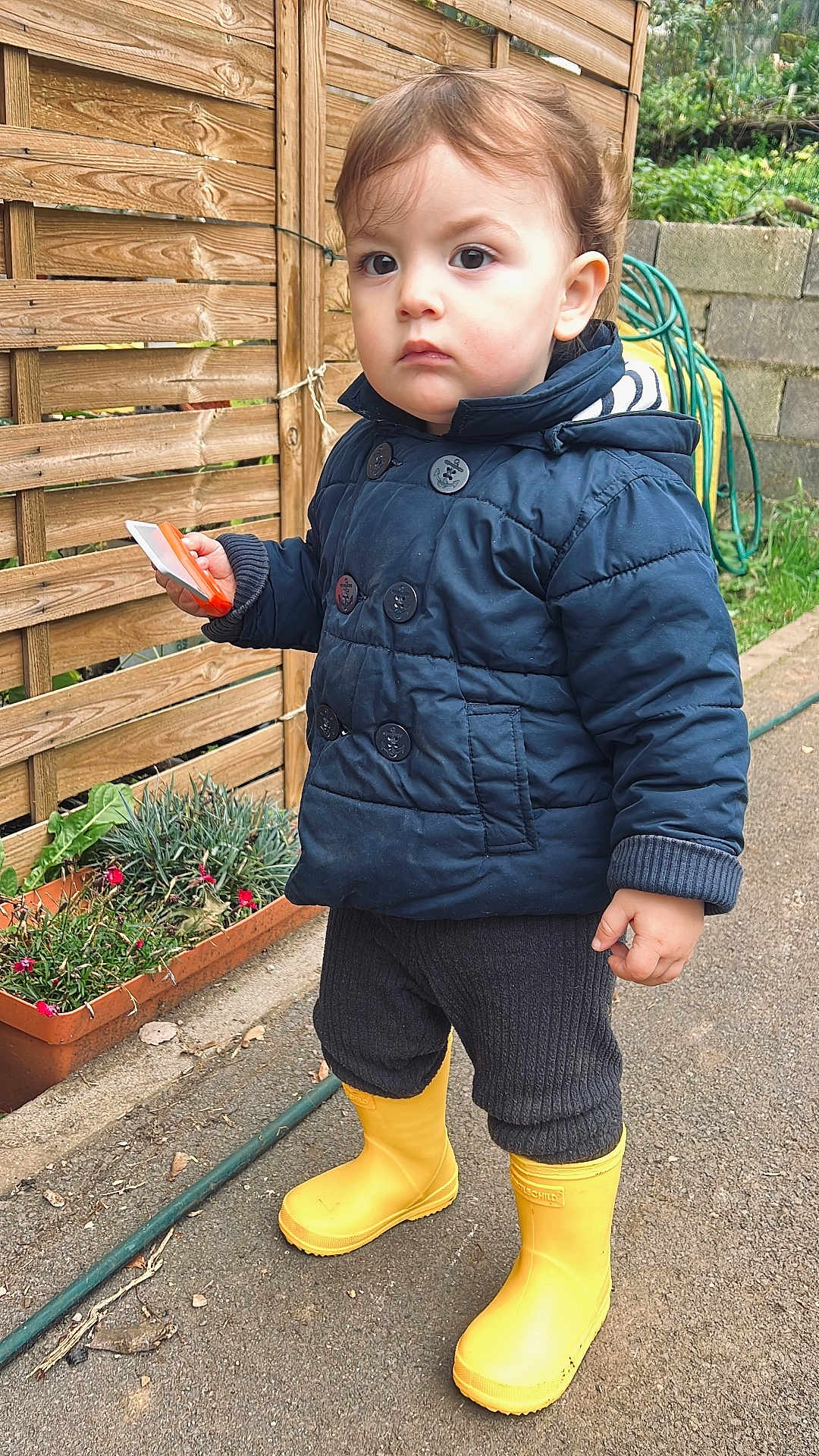 Duarte a rejoint le concours — aidez-le/la à gagner de superbes lots ! toddler, child, yellow_boots, rain_boots, navy_jacket, outdoor, garden, wooden_fence, hose, pavement, person, clothing, serious, holding_object, plant_pot, greenery, casual, young_child, standing, curly_hair