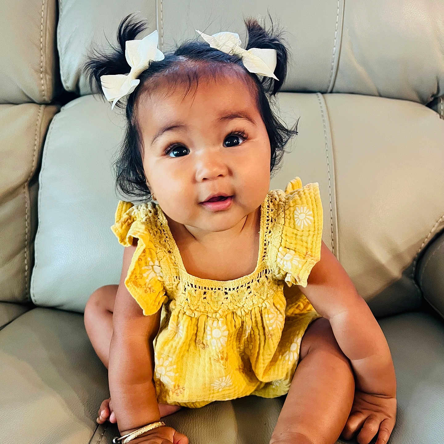 Aaizlea joined the competition — help win amazing prizes! baby, blackhair, clothing, couch, crawling, cushion, face, frown, furniture, hair, happy, head, homedecor, person, photography, portrait, sad, sitting, sleeve, smile