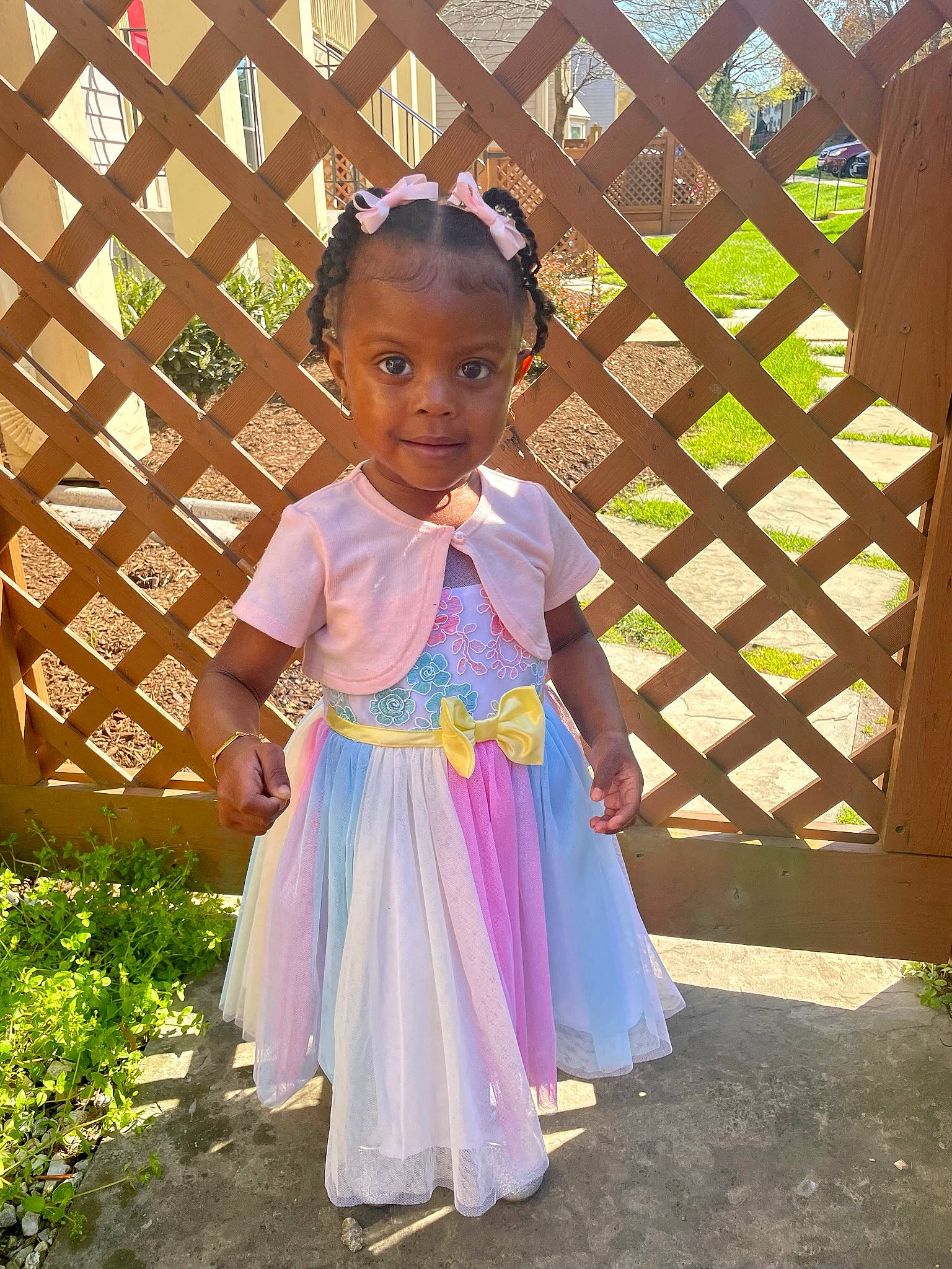 Ryan is registered to the contest to win money with this photo: baby_toddler_clothing, child, day_dress, dress, fashion_design, formal_wear, fun, grass, happy, leaf, magenta, one_piece_garment, people_in_nature, person, pink, plant, purple, smile, standing, toddler