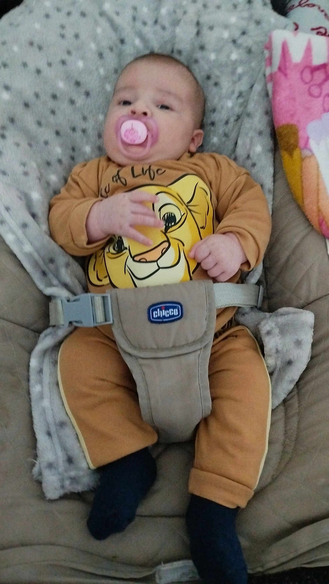 Lissandro a rejoint le concours — aidez-le/la à gagner de superbes lots ! baby, infant, pacifier, blanket, cushion, clothing, seat, lion_graphic, brown_outfit, socks, child, indoor, cute, relaxed, person, baby_seat, soft_texture, comfort, portrait, small_hands