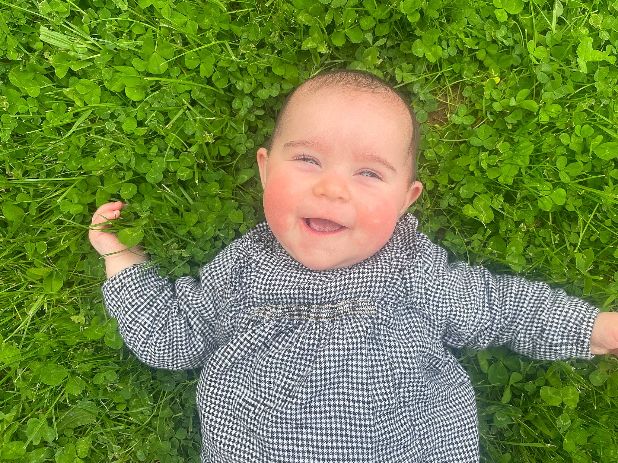 Layana participe au concours pour gagner de l'argent avec cette photo : baby, baby_toddler_clothing, cheek, clothing, finger, gesture, grass, hand, happy, joy, leaf, nose, people_in_nature, person, plant, skin, sleeve, smile, terrestrial_plant, thumb