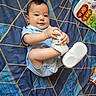 baby, child, infant, smiling, sitting, indoor, blanket, blue_blanket, white_shoe, sneaker, toy, musical_toy, clothing, light_blue_outfit, portrait, happy, playful, bed, top_down_view, geometric_pattern