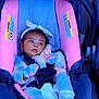 Reina is registered to the contest to win money with this photo: baby, infant, car_seat, pacifier, plush_toy, headband, bow, mittens, pink, blue, stroller, seatbelt, safety_harness, outdoor, concrete, wall, portrait, cute, clothing, sleepy