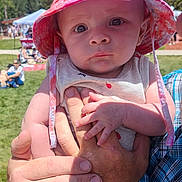 Oakley is registered to the contest to win money with this photo: baby, child, person, hand, hat, outdoor, sky, cloud, grass, sunlight, adult_hand, plaid_shirt, fingers, holding, summer, nature, people, face, expression, portrait
