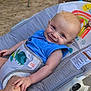 baby, smiling, blue_eyes, baby_seat, gray_pattern, blue_shirt, outdoor, child, cute, infant, happy, person, seat_belt, toy_design, sunny, skin, hand, foot, fabric, comfort