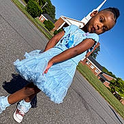 Kehlani joined the competition — help win amazing prizes! child, girl, portrait, outdoor, street, dress, blue_dress, princess_dress, shoes, sneakers, socks, church, steeple, sky, sunny, residential_area, asphalt, standing, posing, fashion