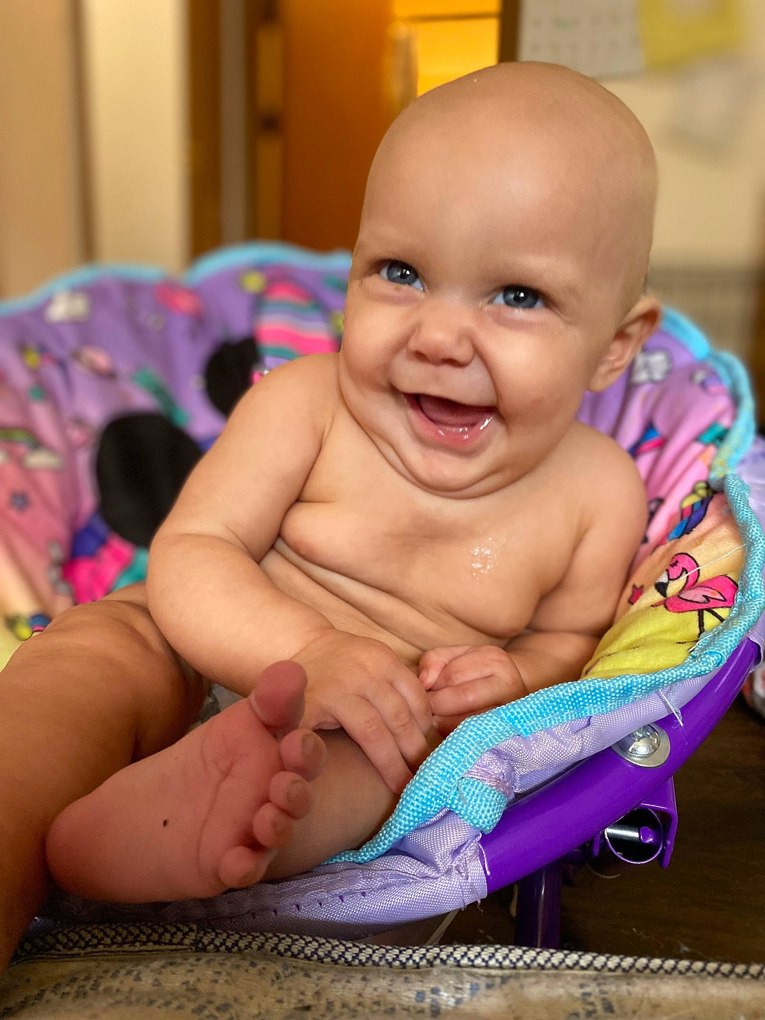 Adalina is registered to the contest to win money with this photo: baby, baby_toddler_clothing, cheek, chest, child, comfort, eye, eyebrow, fun, happy, iris, joy, mouth, nose, people, person, pink, purple, skin, smile