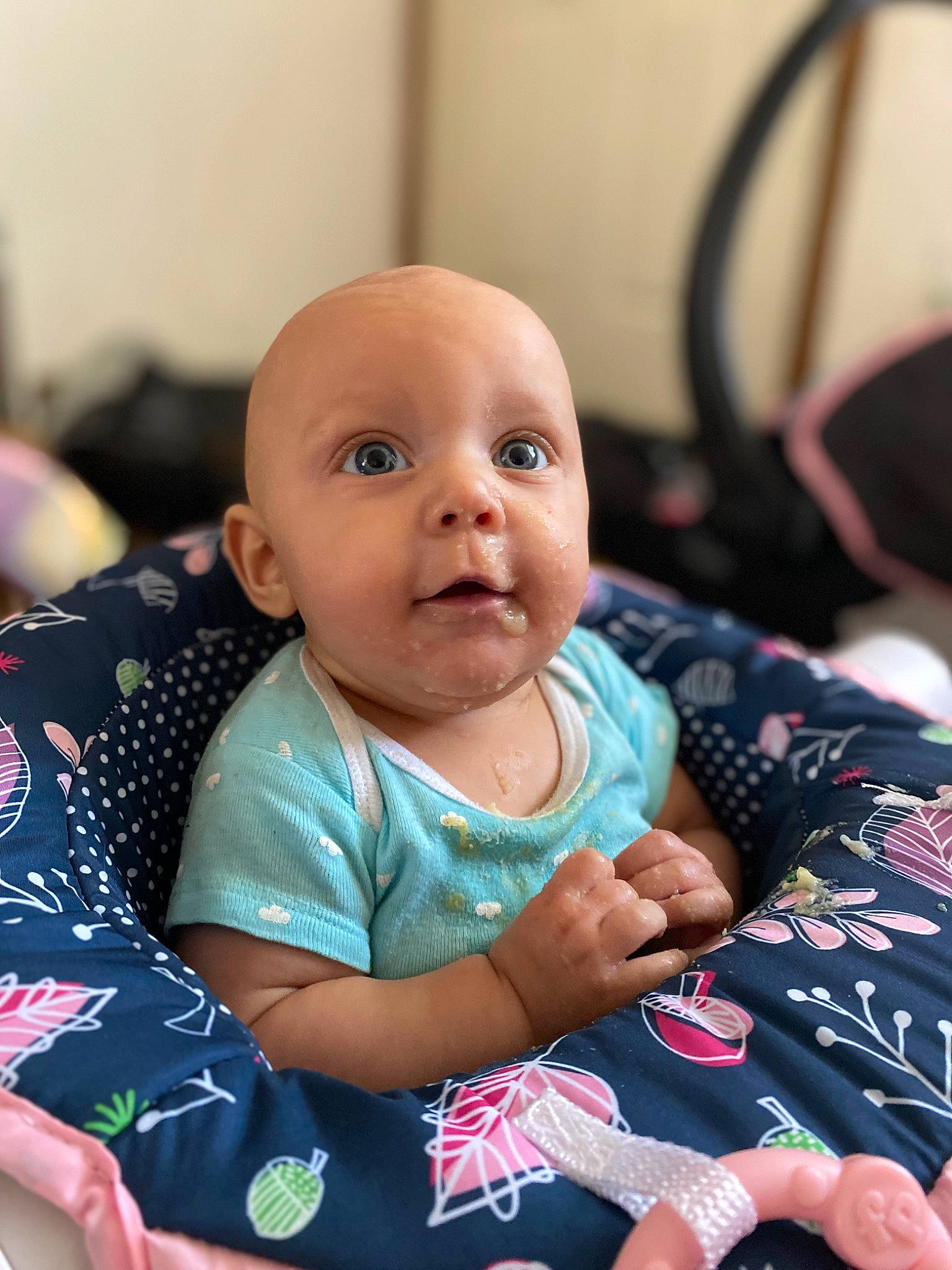 Adalina joined the competition — help win amazing prizes! baby, baby_toddler_clothing, cheek, child, chin, comfort, eye, finger, fun, happy, head, iris, linens, pattern, person, room, sitting, skin, sleeve, surprise