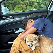 Gucci joined the competition — help win amazing prizes! boy, car_interior, casual_clothing, comfort, companion, dog, friendship, greenery, indoor, pants, pet, puppy, rain, relaxation, resting, shoe, sleeping, sock, tshirt, window
