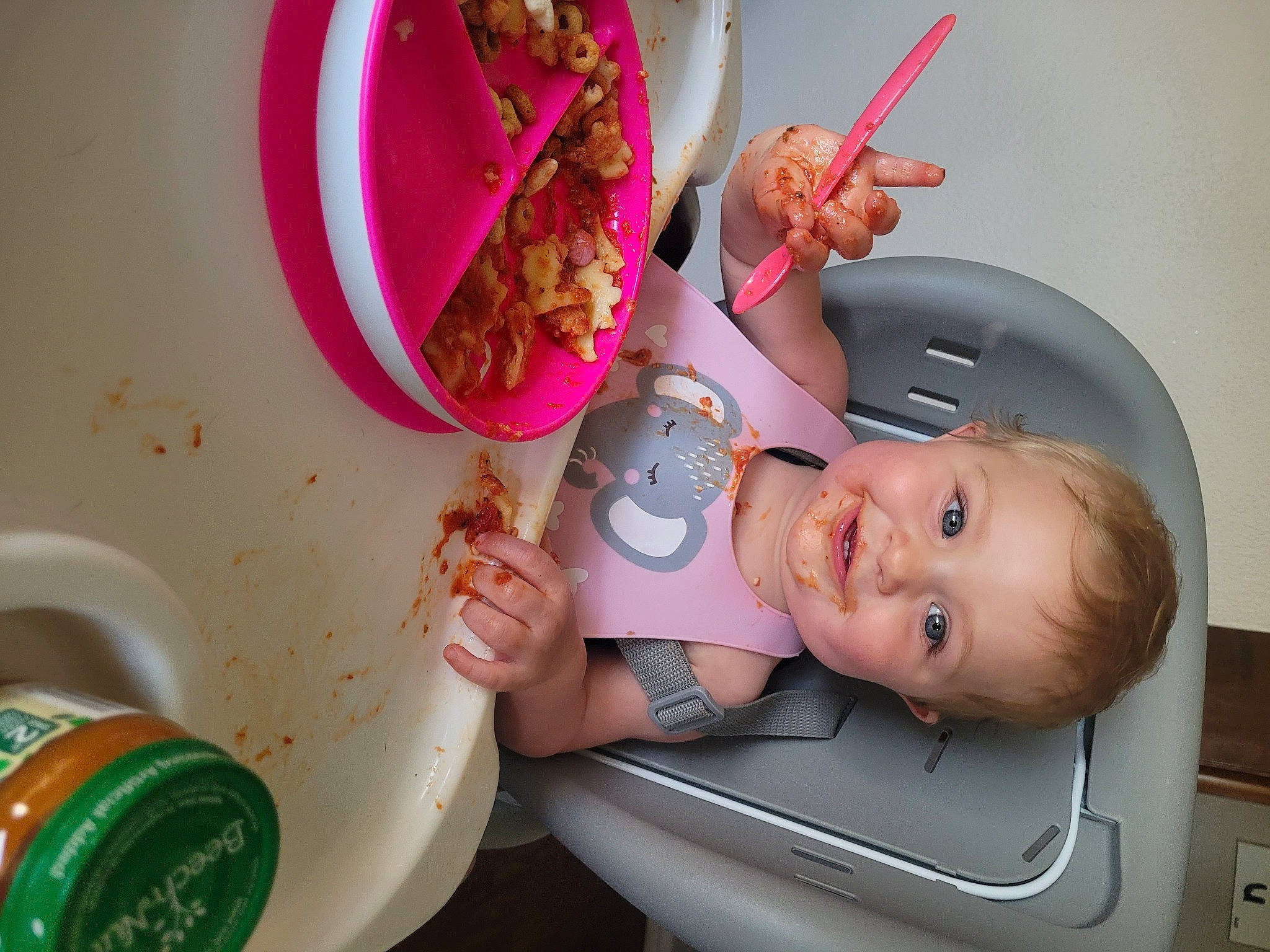 Paisley joined the competition — help win amazing prizes! baby, chair, child, comfort_food, cuisine, dish, drinkware, fast_food, food, food_craving, fun, happy, ingredient, joy, person, pink, plate, room, smile, sweetness