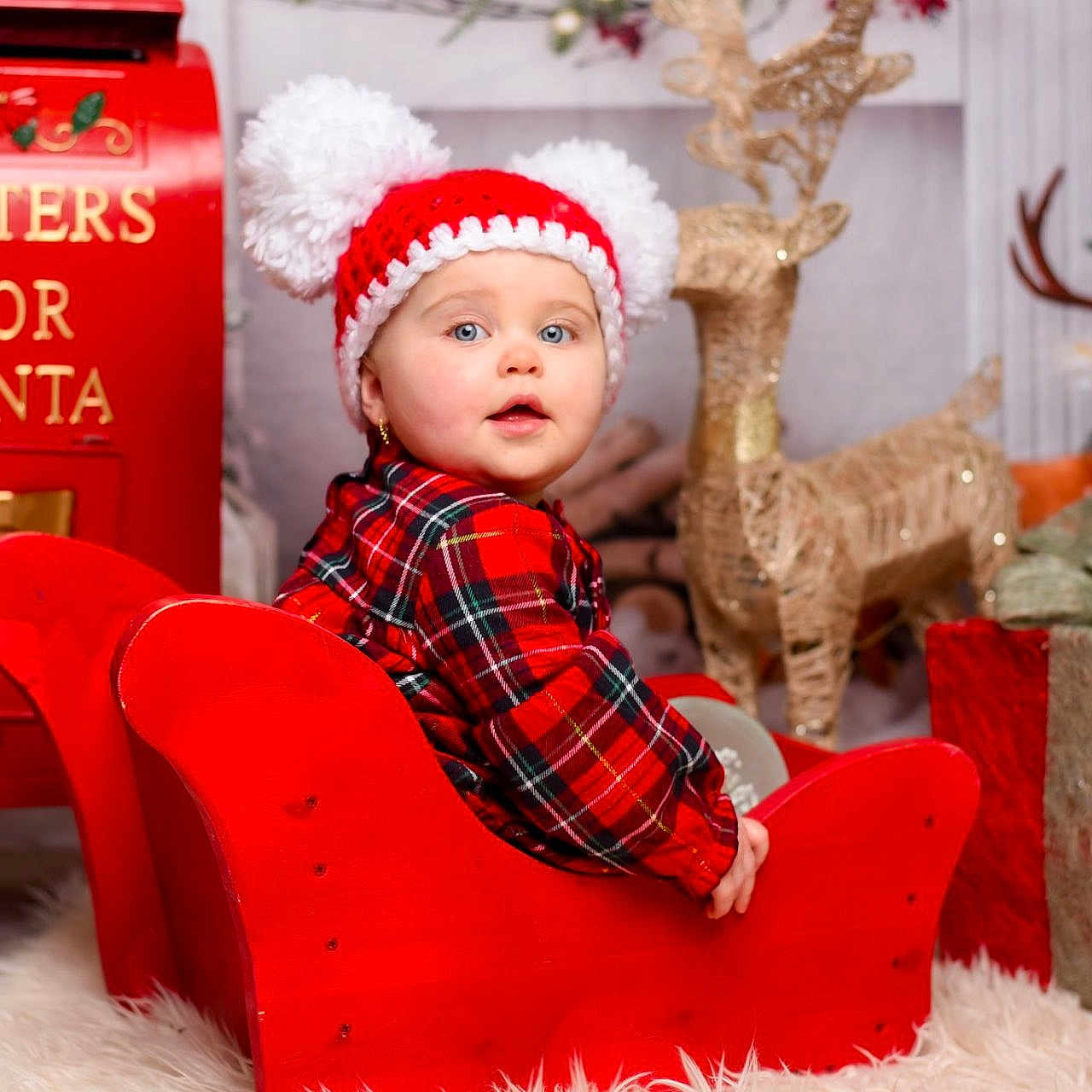 Everly-Rose joined the competition — help win amazing prizes! baby, cap, christmas, christmasdecorations, christmastree, clothing, face, festival, hat, head, mailbox, openingpresent, person, pingpong, pingpongpaddle, racket, santaclaus, sitting, sport