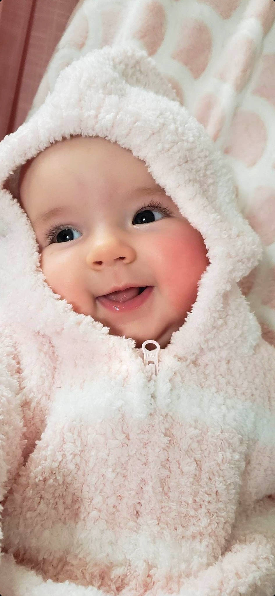 Adelyn joined the competition — help win amazing prizes! baby, cheek, chin, eye, eyebrow, face, flash_photography, fur_clothing, happy, head, headwear, iris, lip, nose, person, photograph, skin, sleeve, smile, textile