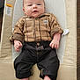 baby, infant, plaid_shirt, bear_patch, pants, barefoot, baby_seat, cushion, wood_floor, cute, chubby_cheeks, relaxed, indoor, child, portrait, small_hands, small_feet, casual_clothing, adorable, young_child