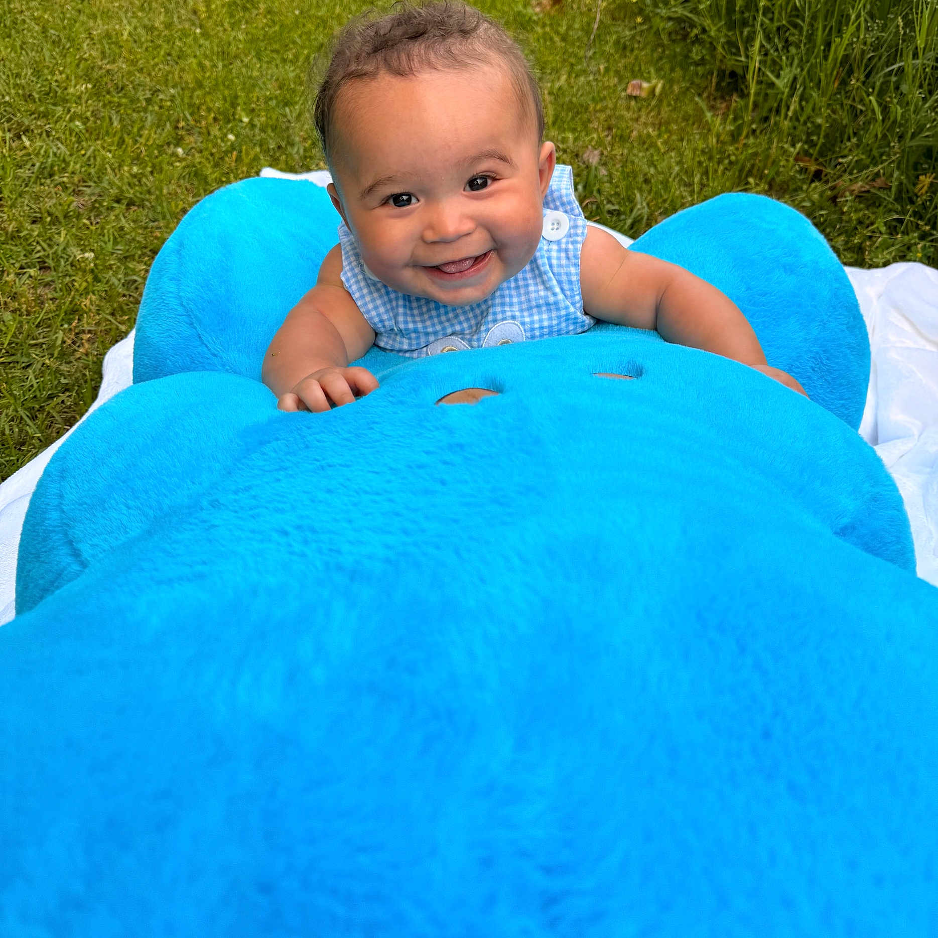 Orlando joined the competition — help win amazing prizes! baby, smiling, blue_plush, teddy_bear, outdoor, grass, blanket, child, happy, cute, infant, toy, plush, person, portrait, summer, sunny, playful, nature, head