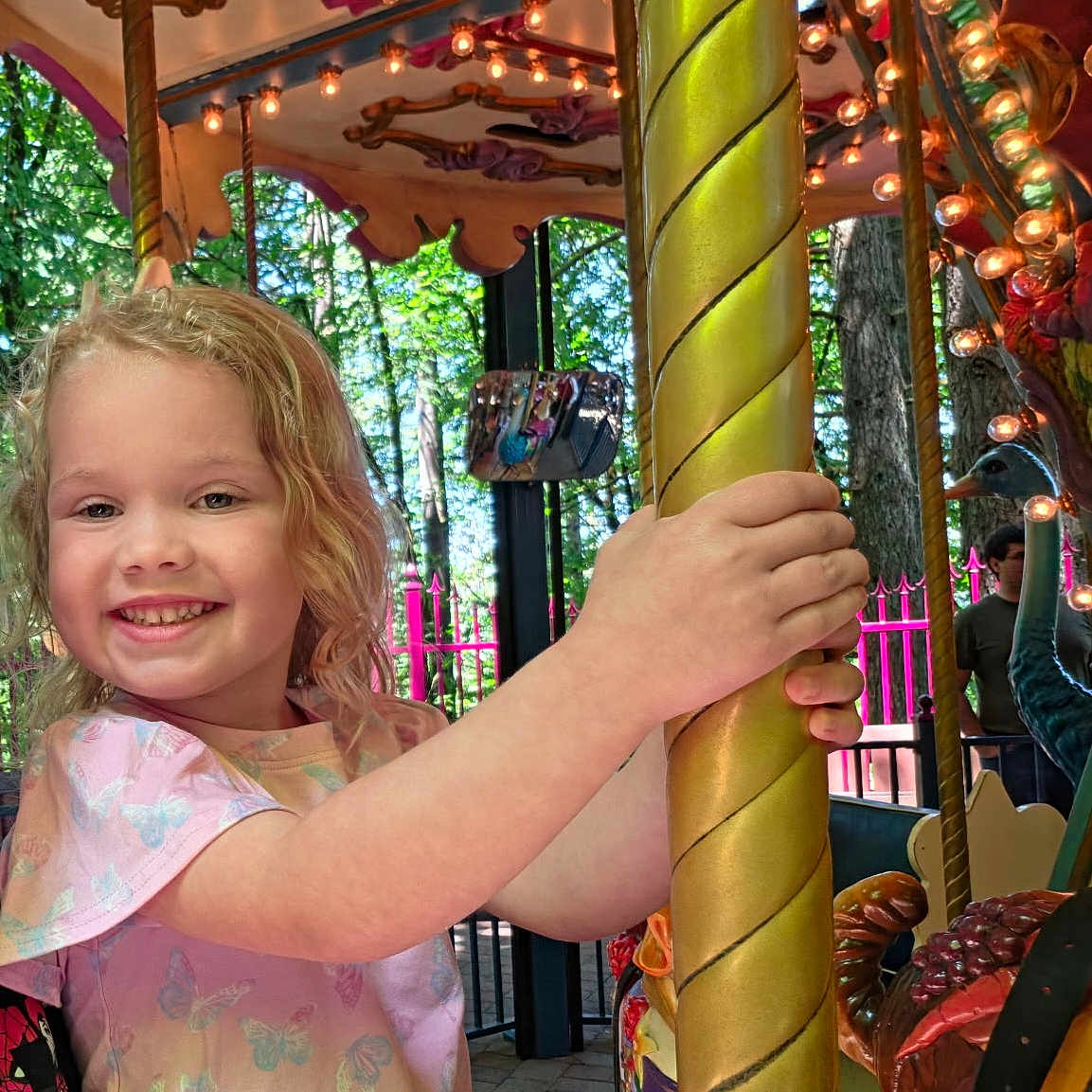 Amarra is registered to the contest to win money with this photo: amusement_park, blonde_hair, butterfly_pattern, carousel, child, colorful, curly_hair, daylight, fence, fun, golden_pole, happy, holding, lights, outdoor, person, pink_shirt, rides, smiling, trees