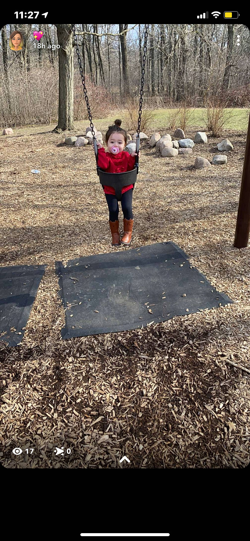 Amila joined the competition — help win amazing prizes! asphalt, city, fun, grass, landscape, leisure, outdoor_play_equipment, people_in_nature, person, playground, recreation, road_surface, shadow, soil, swing, toddler, trampolining_equipment_and_supplies, tree, winter, wood